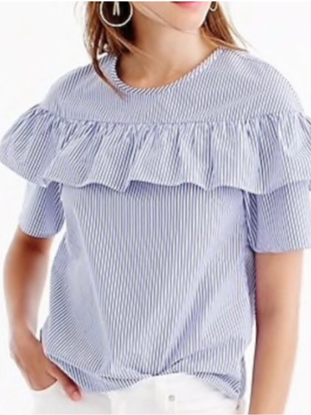 J. Crew Blue and White Striped Ruffle Yoke Top